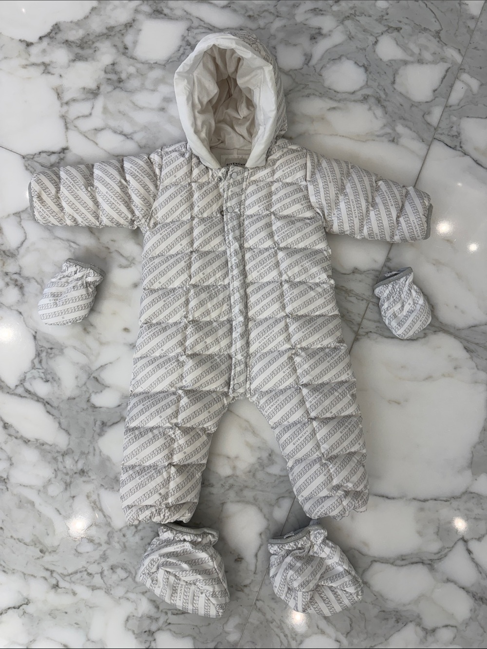 Givenchy White and Gray Quilted Hooded Baby Footie with Mittens and Booties